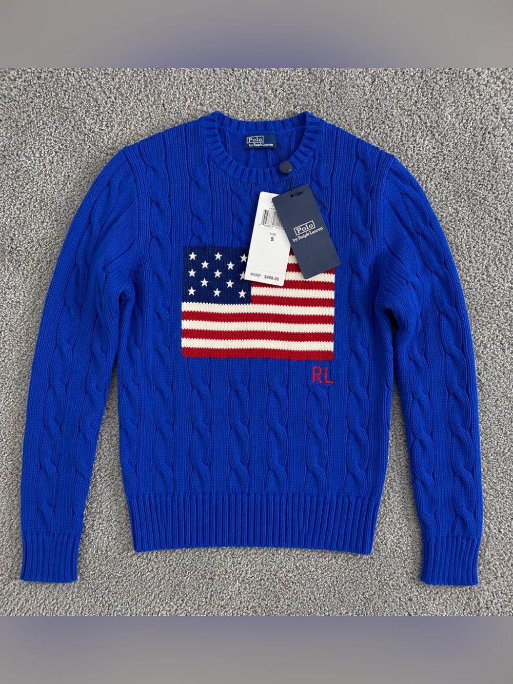 NWT Polo Ralph Lauren Navy Cable Knit Sweater with Flag new